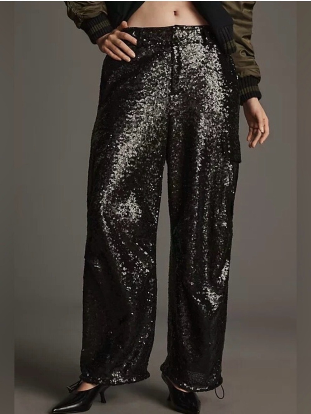 By Anthropologie Black Sequin Cargo Pants Size 10